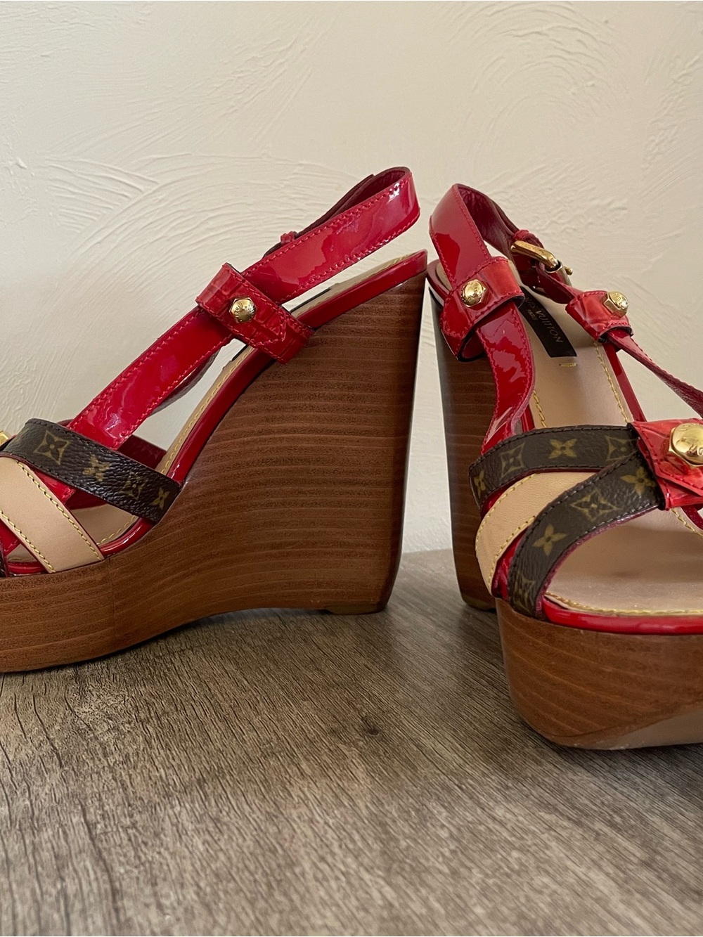 Louis Vuitton Red Patent Wedge Sandals with Brown Monogram Straps
